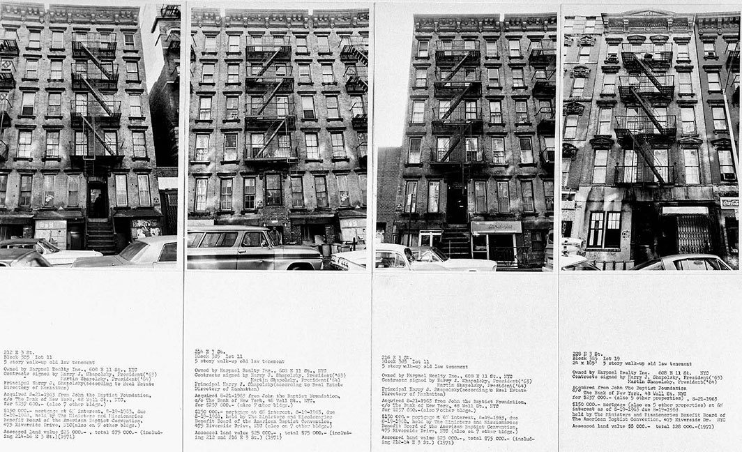 汉斯·哈克，《截至1971年5月1日为止夏普斯基家族曼哈顿房地产财产：实时社会系统》（局部），142张银盐照片、142张用打字机打印的卡片、两张城市地图局部、六张图表，尺寸可变.