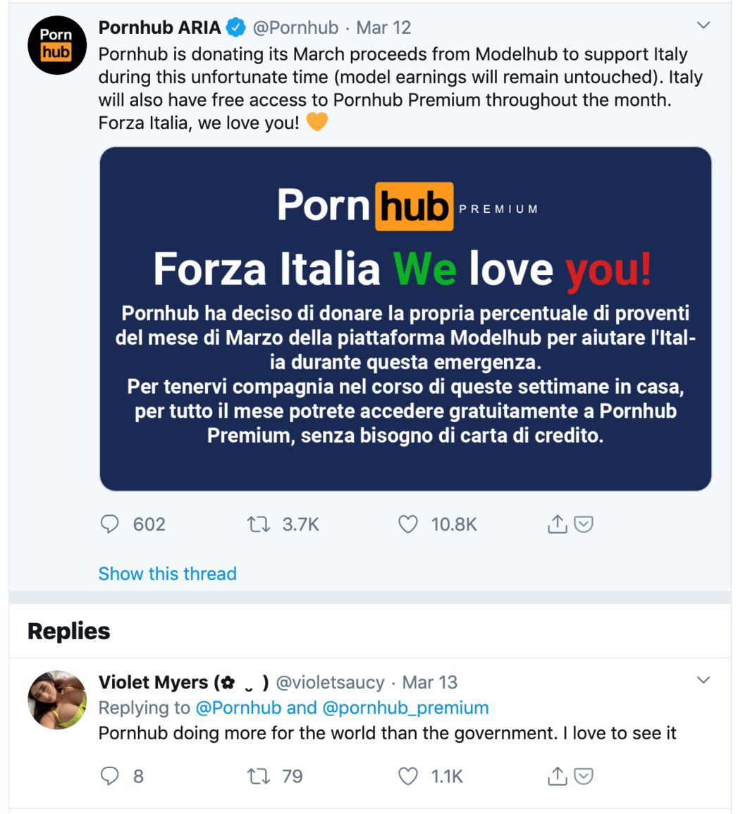 Pornhub在推特上的公告.
