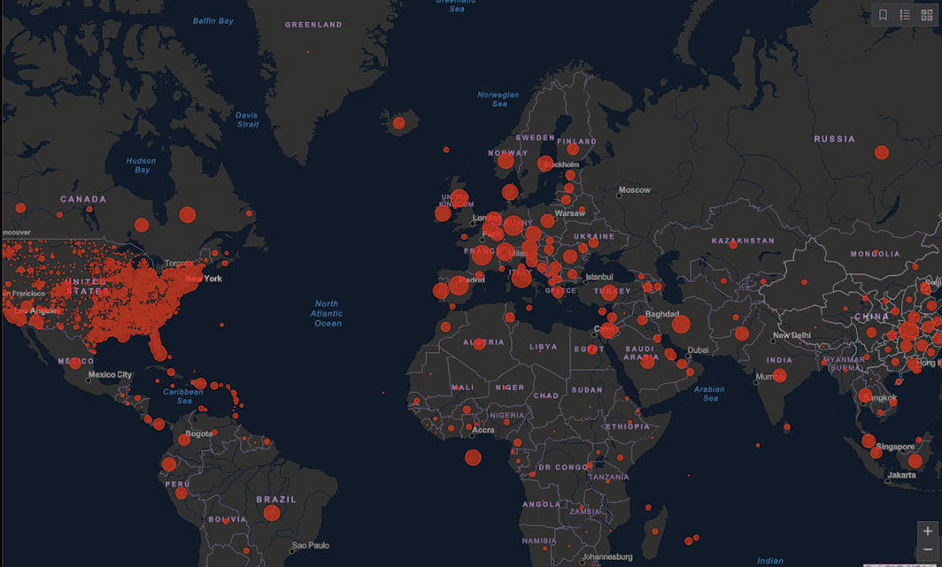 全球Covid-19感染分布图，2020年4月1日. 图片来源：霍普金斯大学系统科学和工程中心.