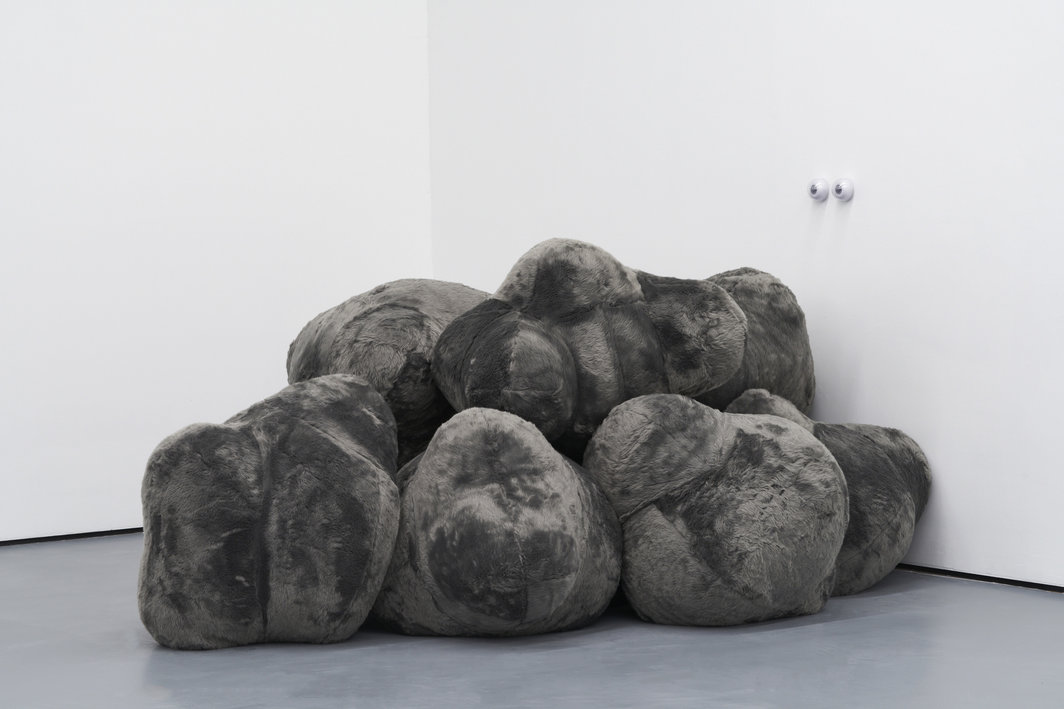 aaajiao，《毛》，2019-2020，毛绒物体、眼睛玩具，尺寸可变.