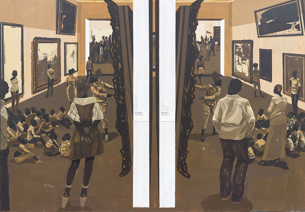 克里·詹姆斯·马歇尔，《无题（底色）》，2018，PVC上丙烯及拼贴，84 × 120 × 4".