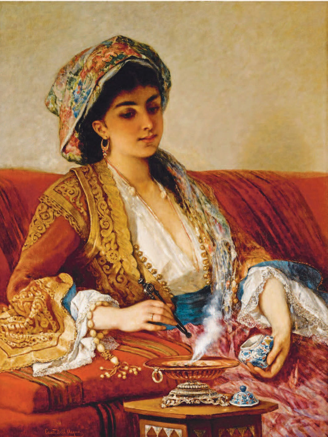 切萨·德拉奎（Cesare Dell’Acqua），《燃烧香料的东方女人》，约1869年，板上油画，36 3⁄8 × 27 7⁄8".