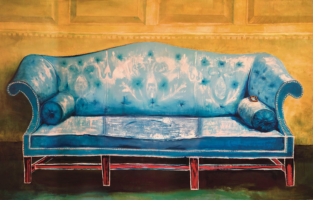 赛·加文，《无题（乔治·华盛顿的撒克逊蓝色沙发）》（Untitled [George Washington’s Saxon Blue Sofa]），2020，布面上油画料、丙烯、铁屑、牙齿和彩色铅笔，7' × 11' 3".