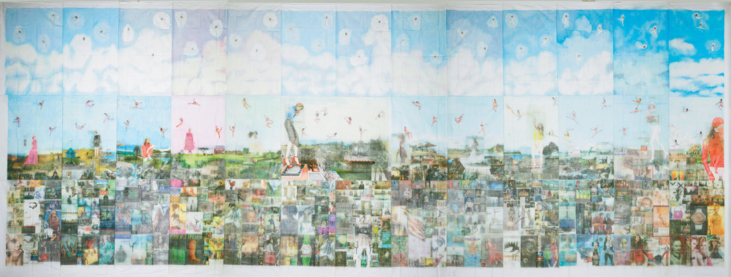 杰西·克里麦斯，《天启16389067》（Apokaluptein 16389067），2010-13，报纸拓印、水粉、彩色铅笔、炭笔、监狱床单，15 × 40'.