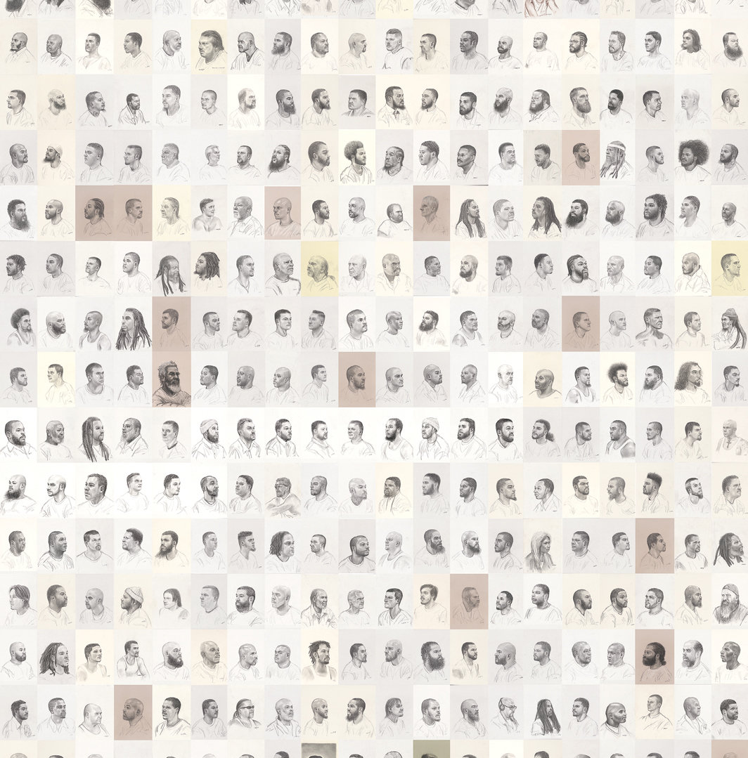 马克·卢格尼，《皮洛士式失败：大规模监禁的视觉研究》（Pyrrhic Defeat: A Visual Study of Mass Incarceration，局部），2014-，纸上炭笔，约600张，每张12 × 9".