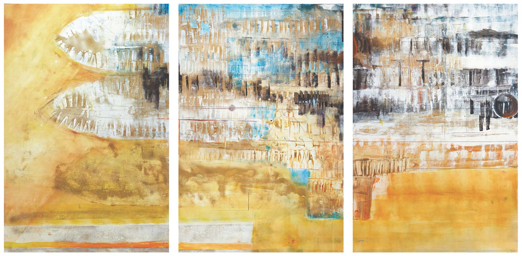 杰瑞德·欧文斯，《Ellapsium：主人与舵》（Ellapsium: master &amp; Helm），2016，综合材料，三联，每幅48 × 31".