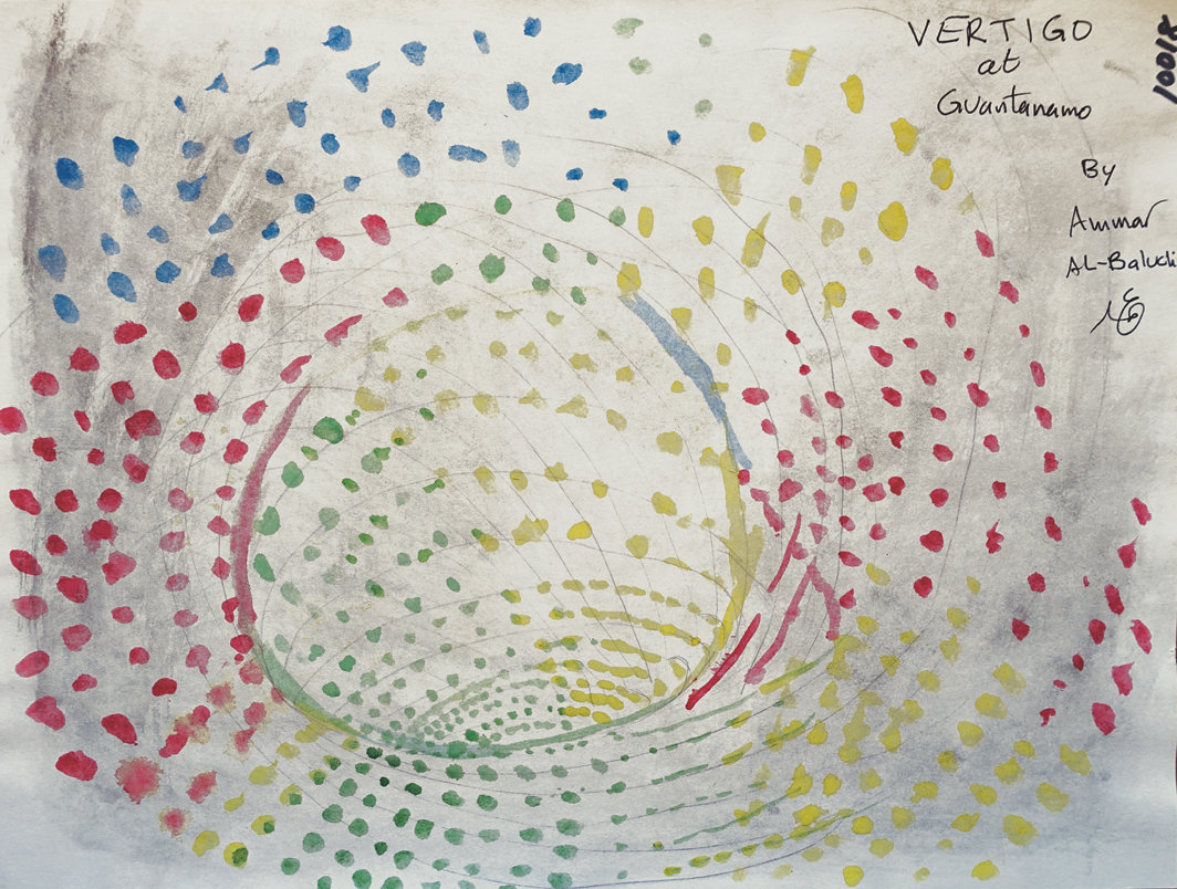 阿玛尔·阿尔-巴鲁什，《关塔那摩湾眩晕症》，2016，纸上炭笔和水彩，9 × 12".