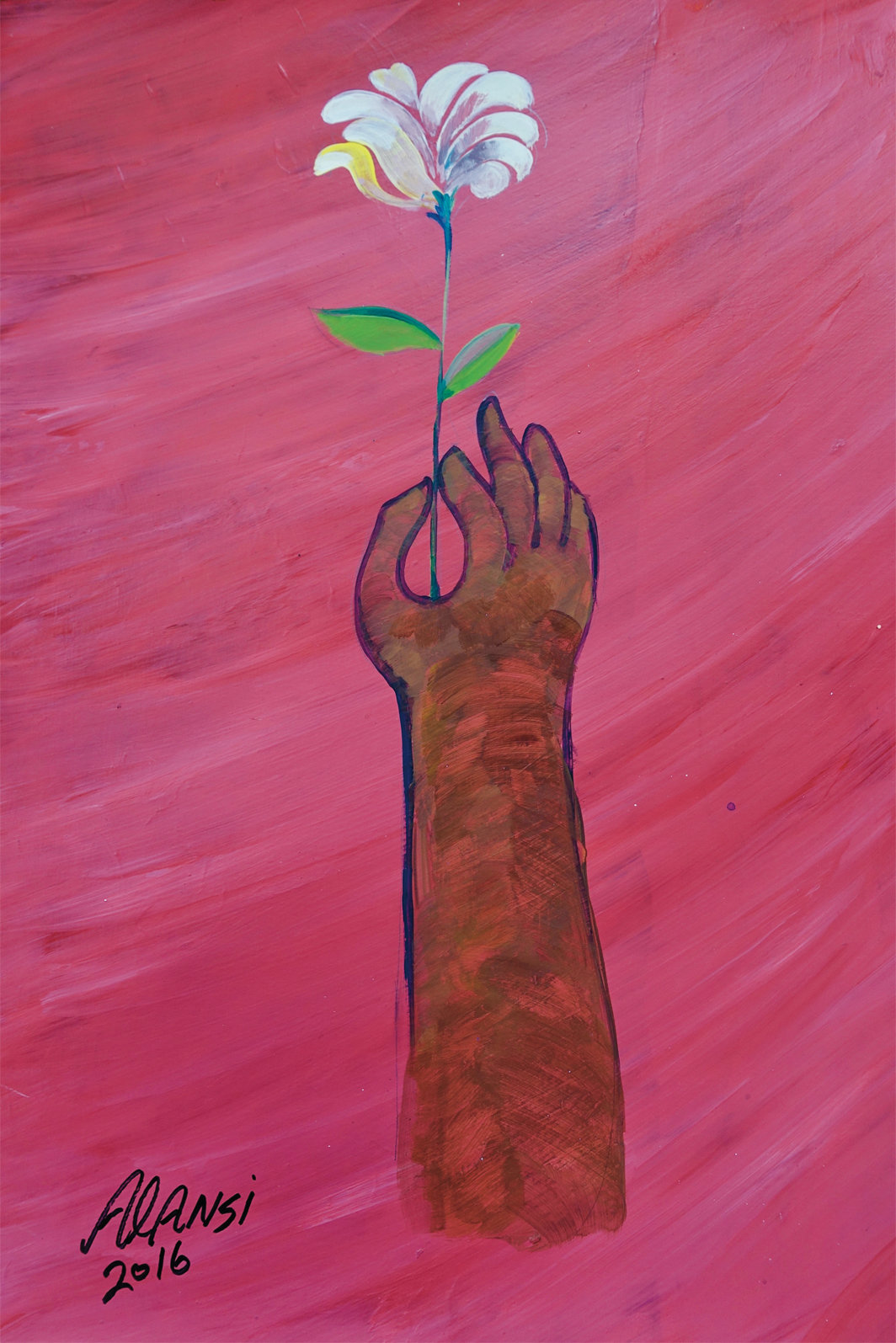 穆罕默德·安西，《无题（手持花朵）》（Untitled [Hand Holding a Flower]），2016，纸上丙烯，17 × 12".