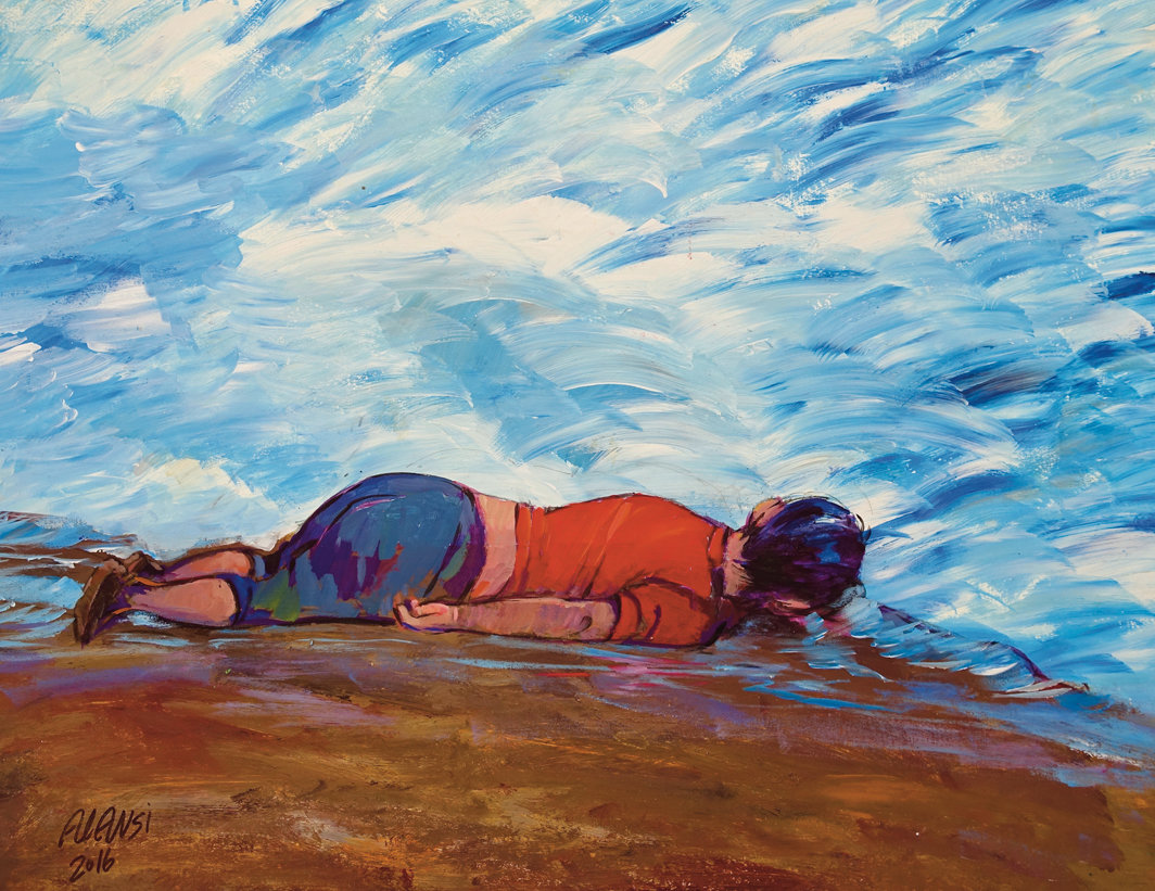 穆罕默德·安西，《无题（艾兰·库尔迪）》（Untitled [Alan Kurdi]），2016，纸上丙烯，22 × 28".