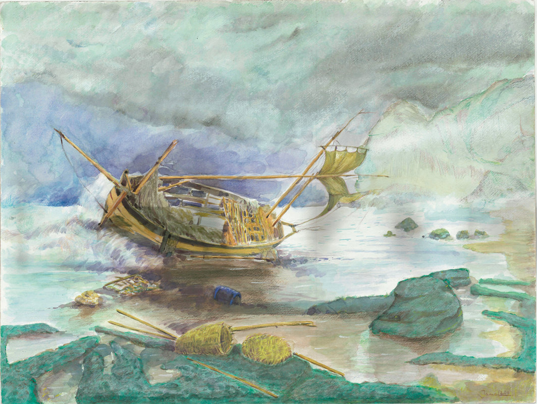 贾迈勒·亚米斯安尼，《无题（海难中的船只）》（Untitled [Shipwrecked Boat]），2016，纸上水彩，20 × 25".