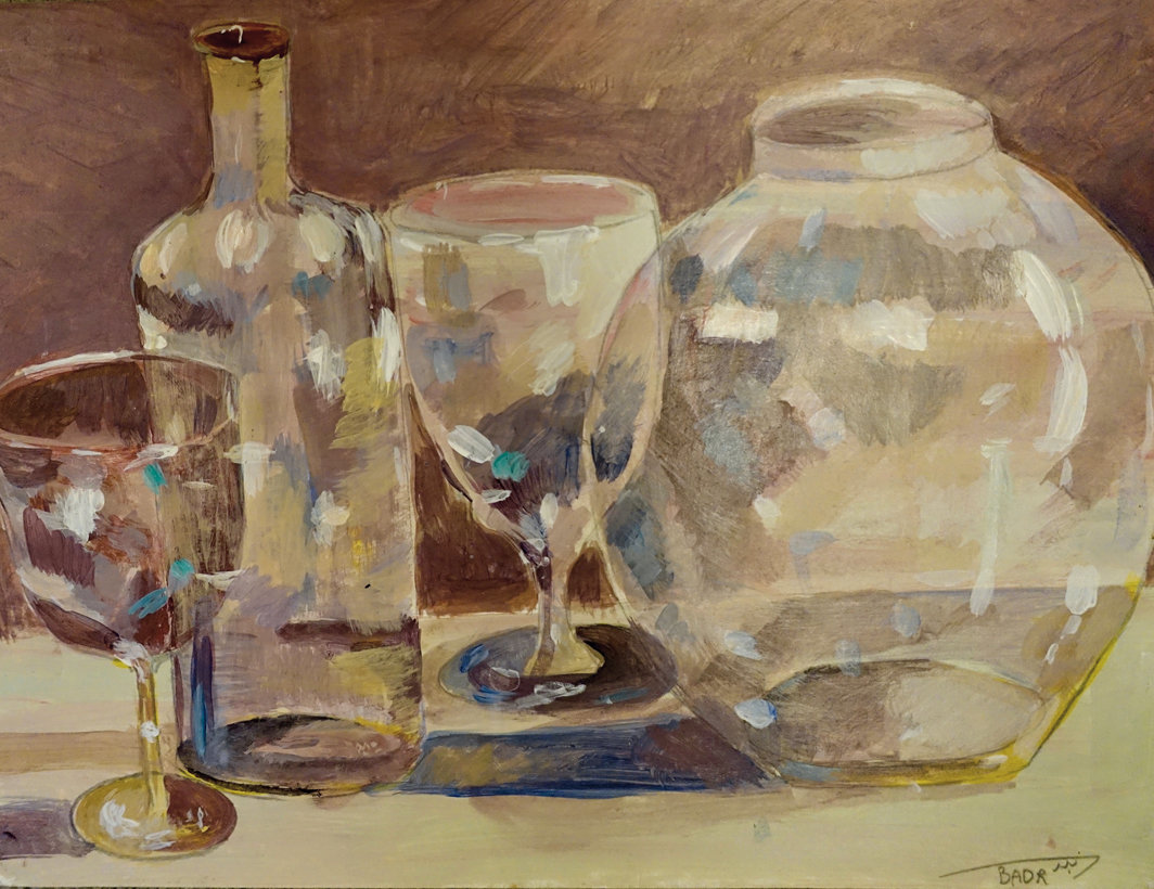 艾哈迈德·拉巴尼，《无题（玻璃器皿静物）》（Untitled [Still Life of Glassware]），2015，纸上丙烯，9 × 12".