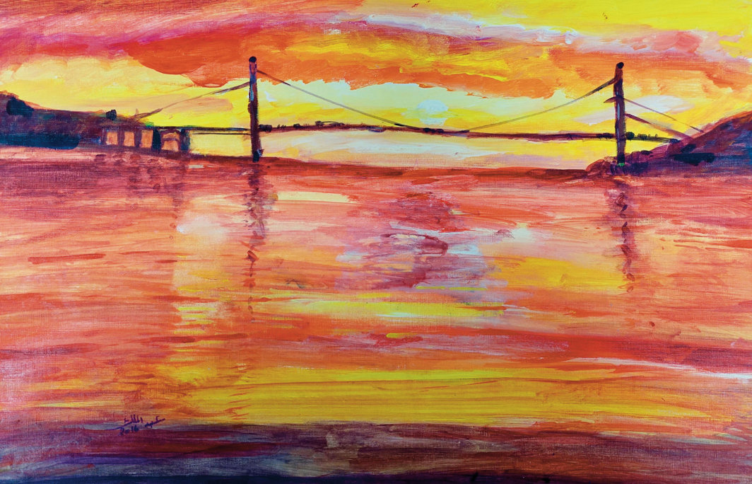 阿卜杜马利克·阿布德（Abdualmalik Abud），《无题（桥上落日）》（Untitled [Sunset with Bridge]），2016，纸上丙烯，12 × 18".
