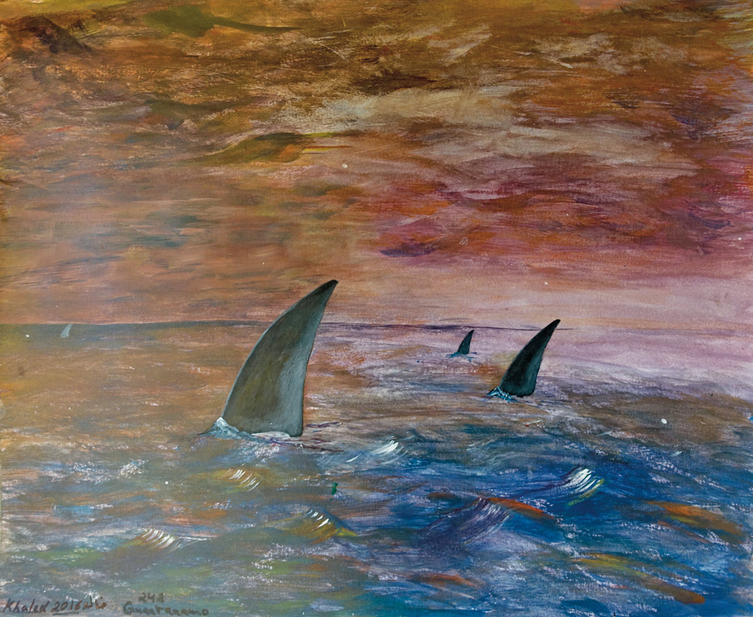 哈立德·卡西姆（Khalid Qasim），《无题（海中之翼）》（Untitled [Fins in the Ocean]），2016，纸上丙烯，14 × 17".
