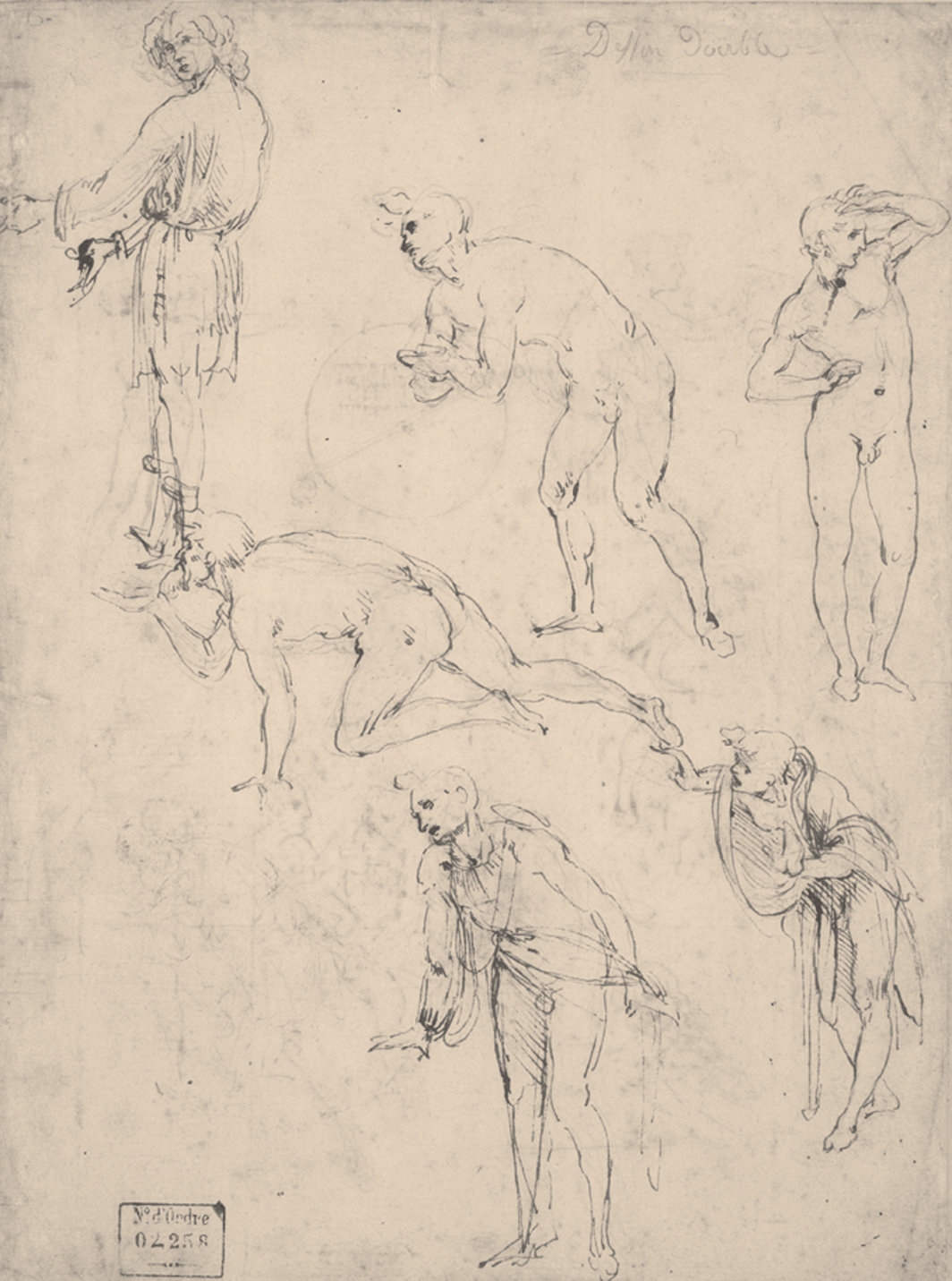 李奥纳多·达芬奇，《贤士来朝人物小稿》（Figure studies for Adoration of the Magi），约1481，纸上笔墨，10 7⁄8 × 8 1⁄4".