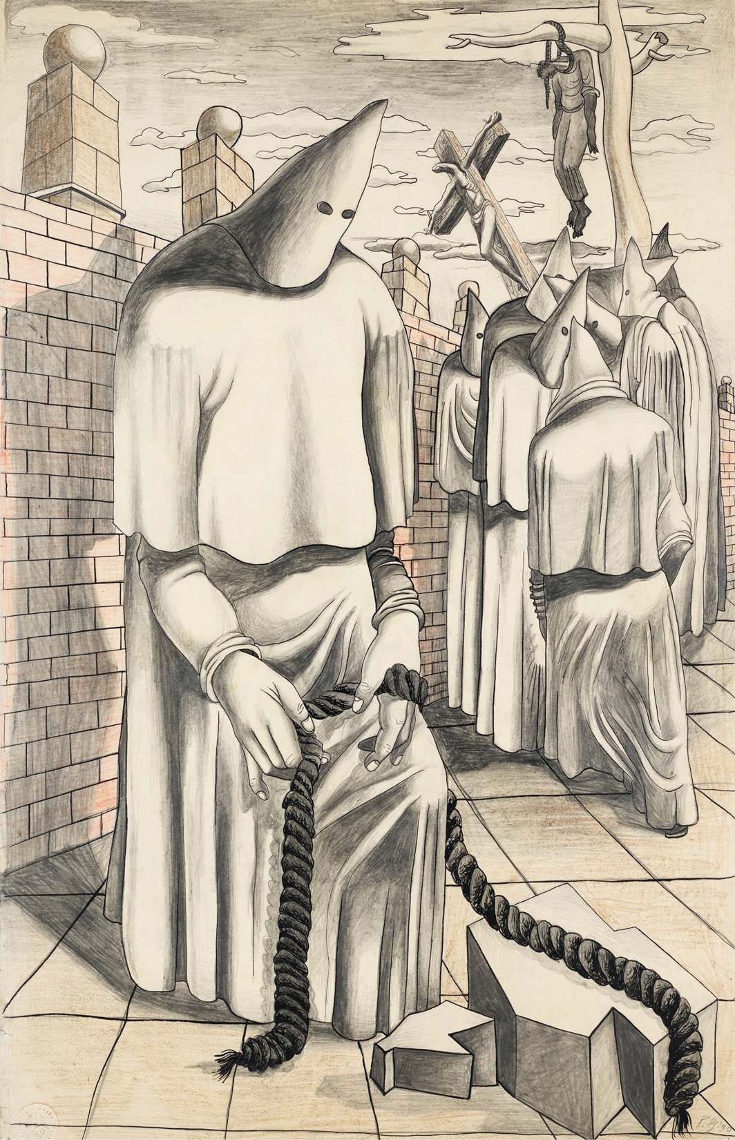 菲利普·加斯顿，《为同谋者作画》，1930，石墨铅笔、墨水、彩色铅笔和蜡笔，纸本，22 5⁄8 x 14 5⁄8".