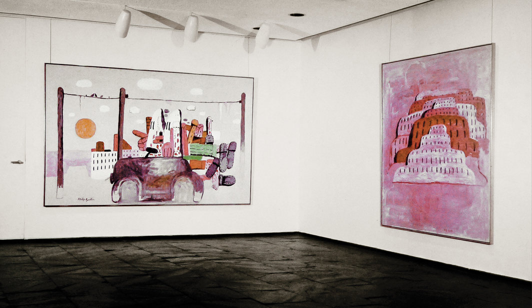 “菲利普·加斯顿：近作”展览现场，1970年，Marlborough画廊，纽约. 作品左起为：《黎明》，1970； 《城市》，1969.