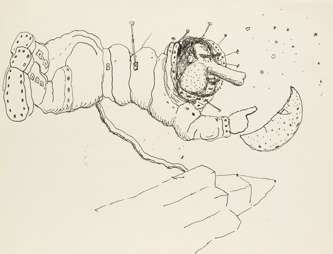 菲利普·加斯顿，《无题》，1971，纸上铅笔和墨水，尺寸约为10 1/2 × 13 7/8”. 选自“尼克松素描”系列，1971. © The Estate of Philip Guston.