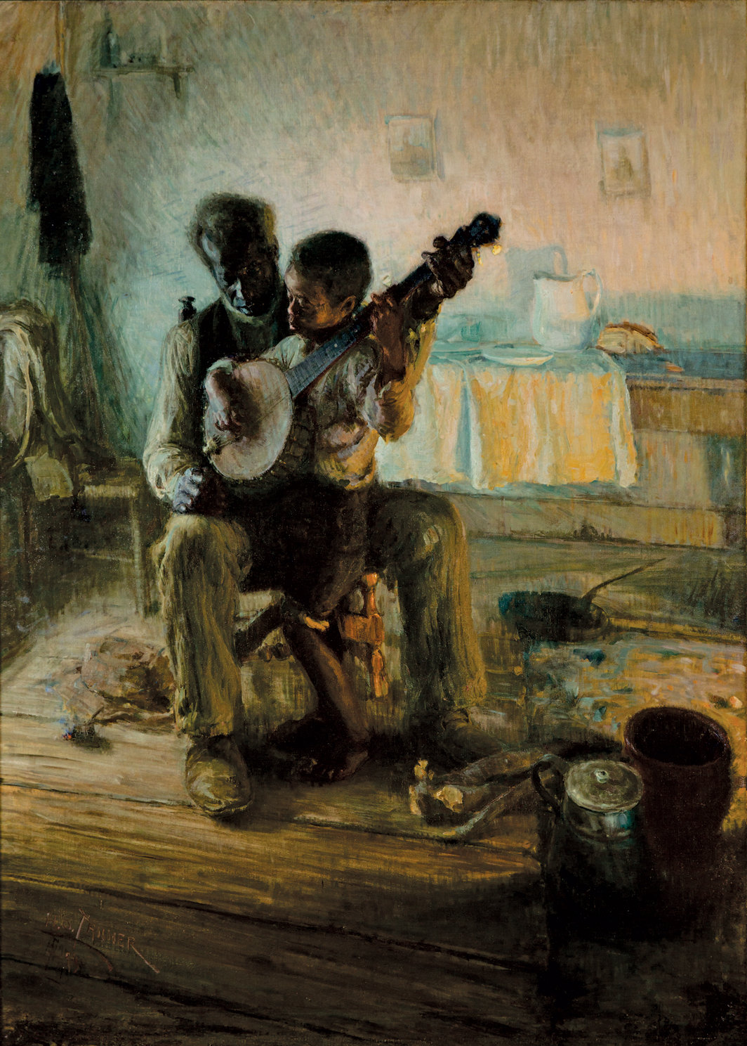 亨利·奥萨瓦·坦纳，《班卓琴课》，1893，布面油画，49 × 35 1/2".
