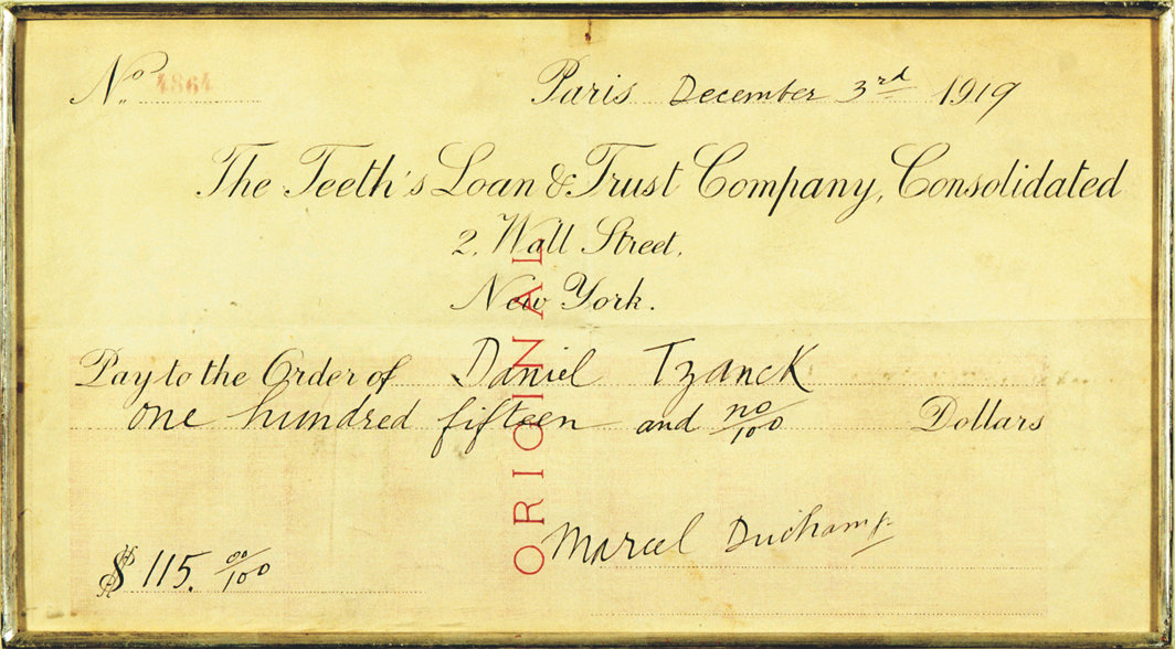 马塞尔·杜尚，《赞克支票》，1919，纸上墨水，8 1⁄4 × 15".