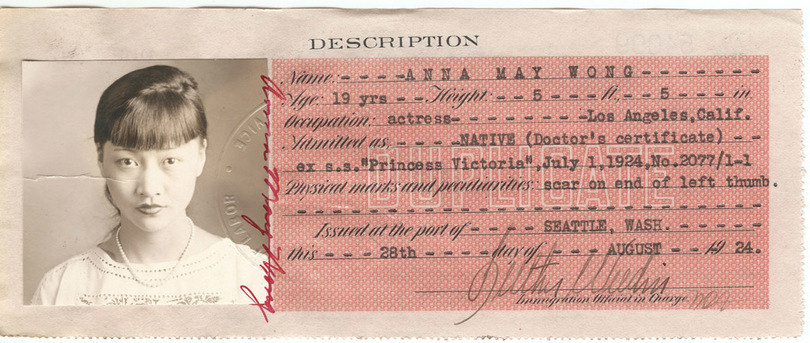 演员黃柳霜的身份证明，1924年8月18日. 图片：旧金山国家档案馆.