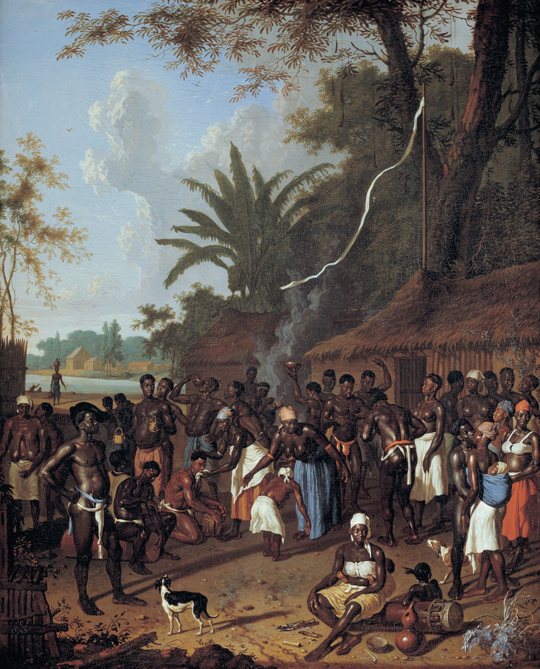 德克·瓦肯伯格，《奴隶们在霍纳斯·维岑的种植园之一里聚会》，1708，布面油画，22 7⁄8 × 18 1⁄4".