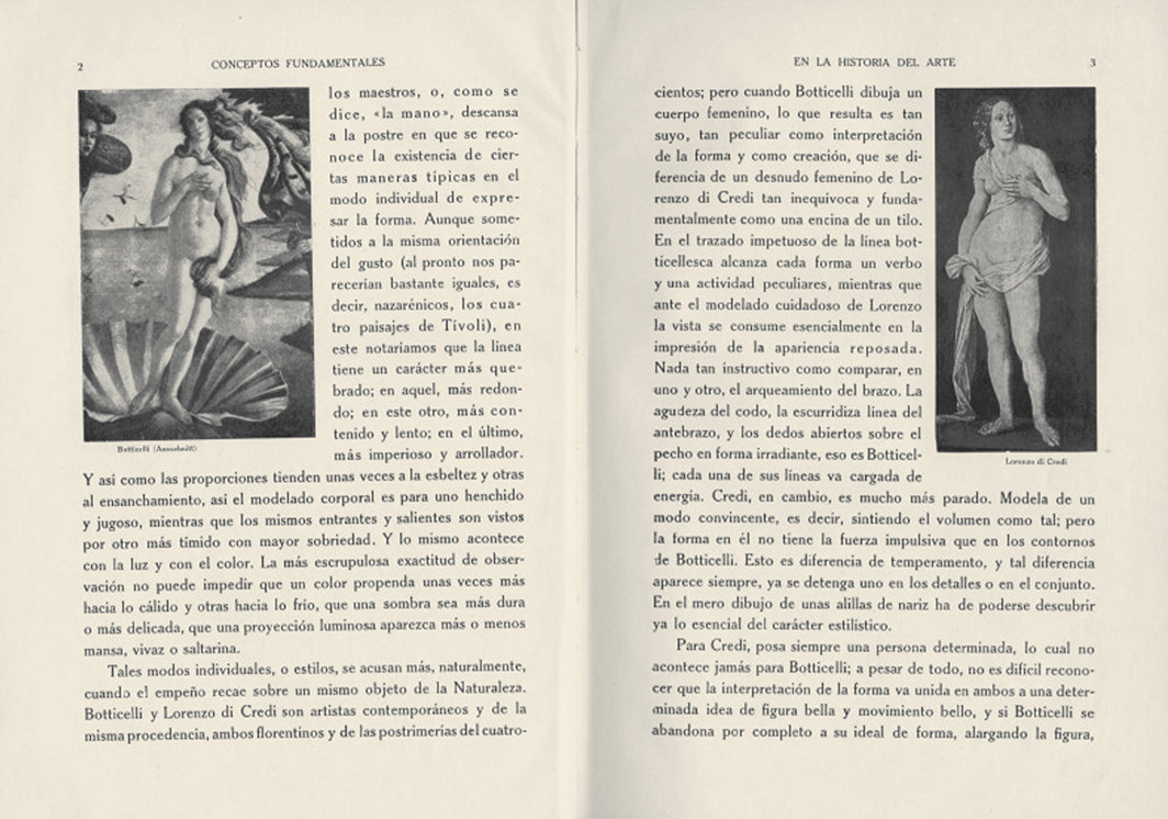 海因里希·沃尔夫林的《艺术史的基本概念》（Principles of Art History，1915）1924年卡尔佩版中的内页. 从左至右：桑德罗·波提切利（Sandro Botticelli），《维纳斯的诞生》（The Birth of Venus，局部），约1484-86；洛伦佐·迪·克雷迪（Lorenzo di Credi），《维纳斯》（Venus），约1490.