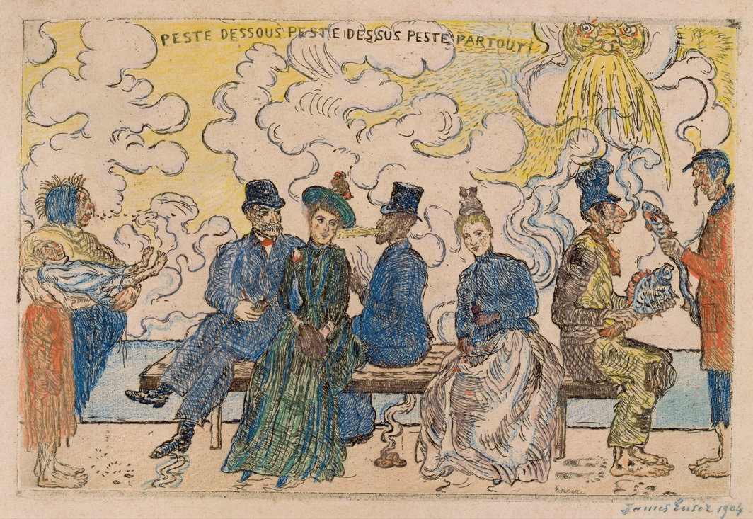 詹姆斯·恩索尔，《上面是瘟疫，下面是瘟疫，到处都是瘟疫》，1904，蚀刻版画上水彩和蜡笔，7 1⁄2 × 11 1⁄2".
