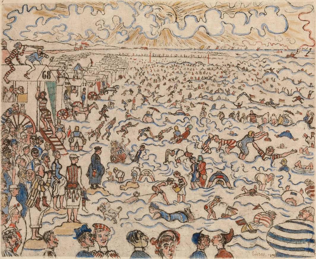 詹姆斯·恩索尔，《奥斯坦德浴场》（Les bains d’Ostende） ，1891–99，蚀刻版画上水彩及墨水, 8 3⁄8 × 10 1/2".