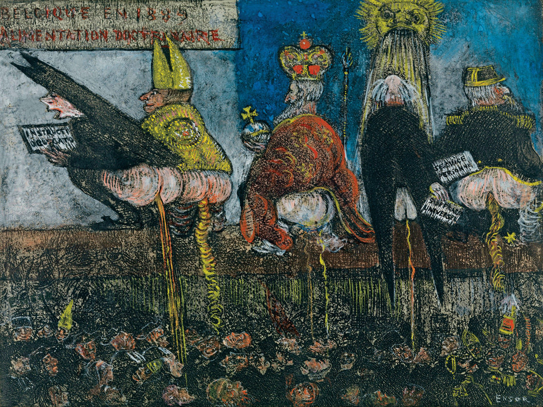 詹姆斯·恩索尔，《教义滋养》，1889–95，彩色蚀刻版画，7 1⁄8 × 9 3⁄8".