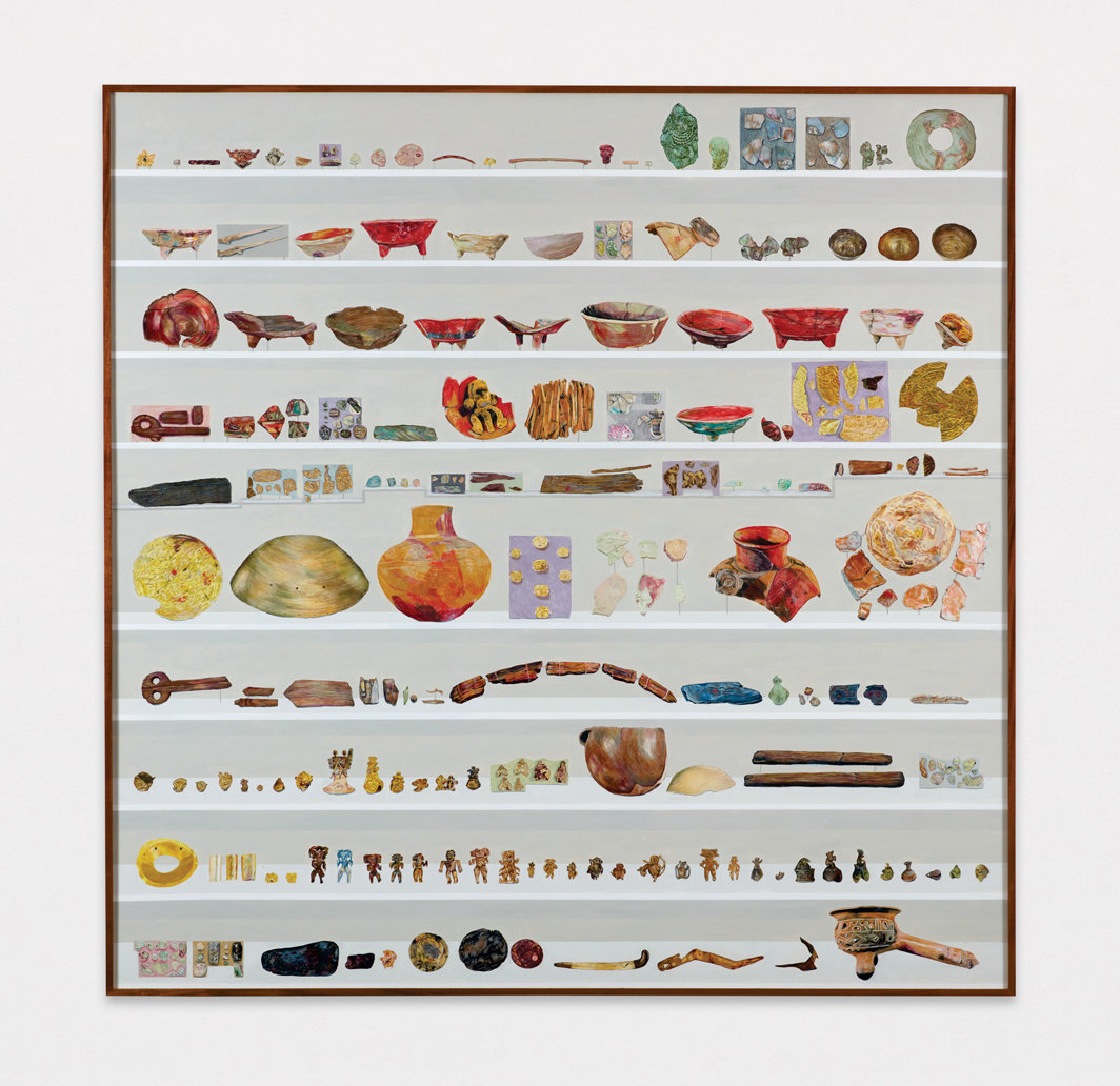 加拉·波拉斯-金，《皮博迪博物馆所藏的303件雨神祭品》（303 offerings for the rain at the Peabody Museum），2021，纸上彩色铅笔和Flashe颜料，72 × 72". 