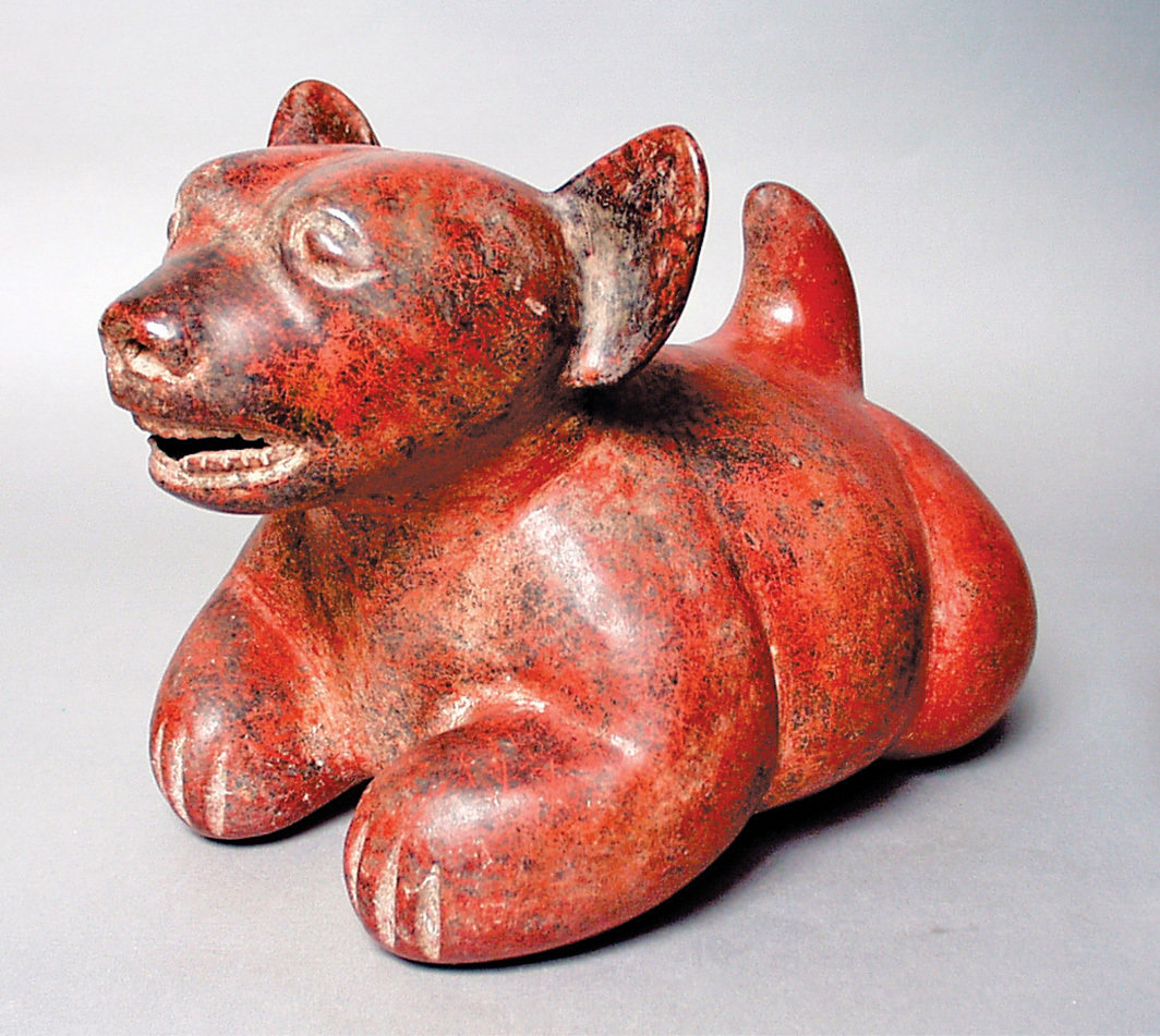 犬雕像，墨西哥科利马，约公元前200至公元500年，上釉抛光陶器，9 × 7 × 131⁄2". 来自洛杉矶郡艺术博物馆普罗克特·斯塔福德收藏.