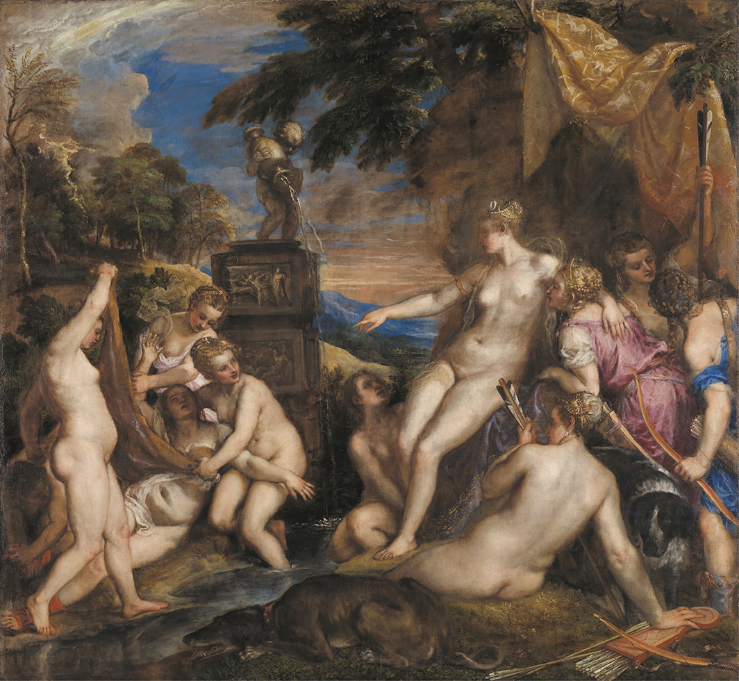 提香，《狄阿娜与卡里斯多》，1556–59，布面油画，73 5⁄8 × 80 1⁄2".