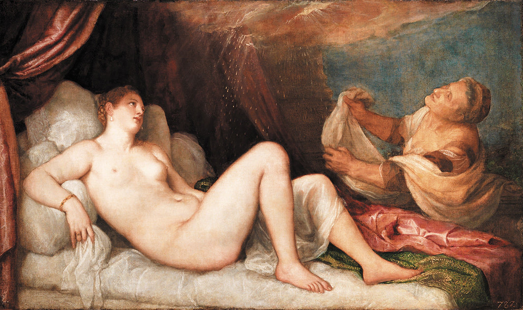 提香，《达娜厄》，1551–53，布面油画，73 5⁄8 × 80 1⁄2".