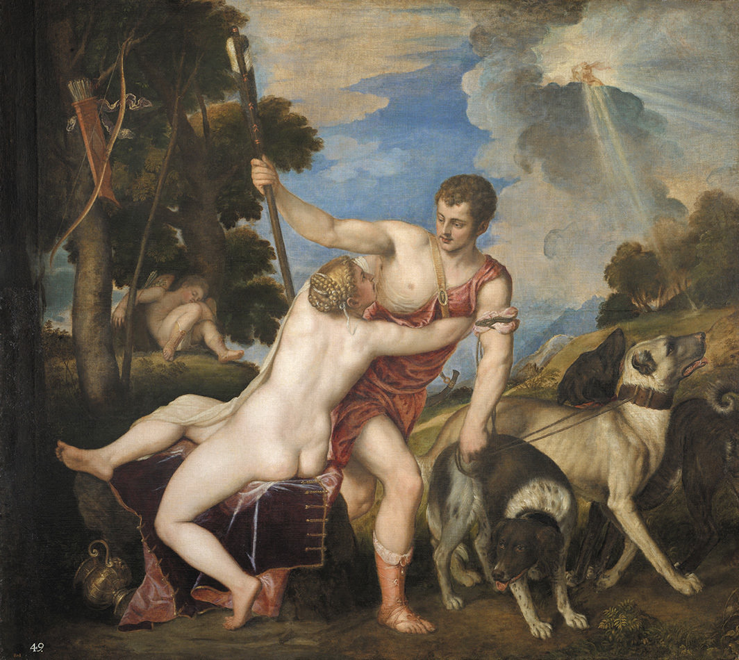 提香，《维纳斯与阿多尼斯》，约1553–54，布面油画，73 1⁄4 × 81 1⁄2".