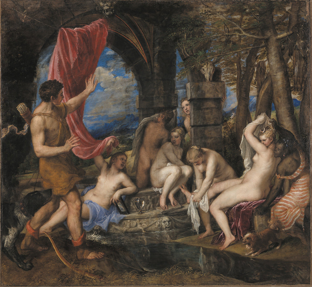 提香，《狄阿娜与阿克泰翁》，1556–59，布面油画，72 5⁄8 × 79 5⁄8".