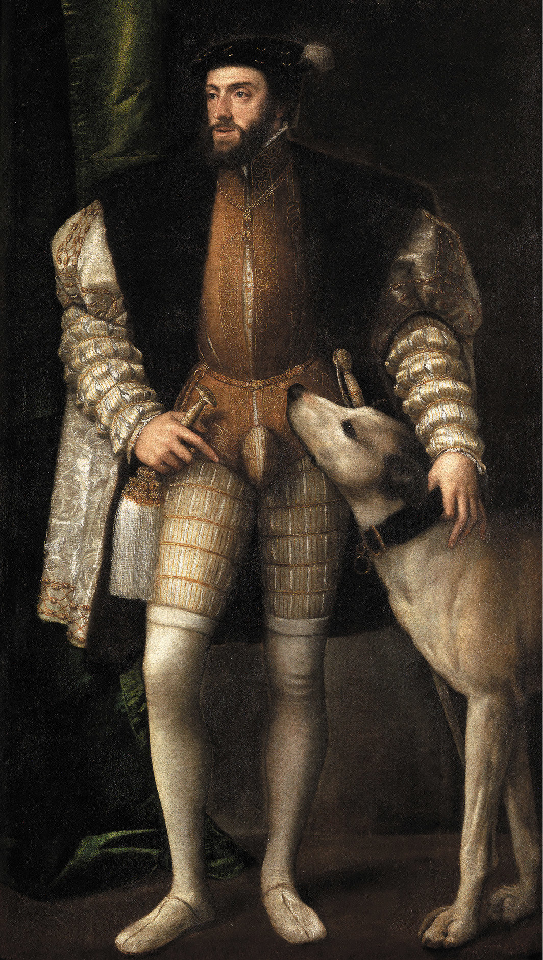 提香，《查理五世皇帝与狗》，1533，布面油画，76 3⁄8 × 44 3⁄8".