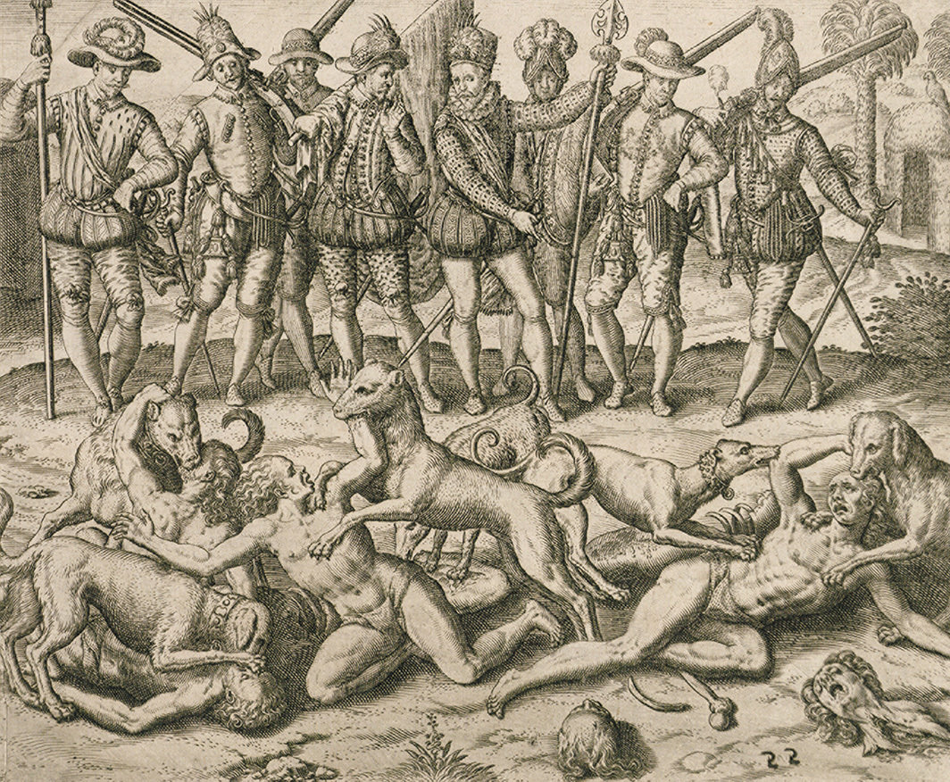 特奥多雷·德·布里，《巴尔沃亚把犯下鸡奸这一可怖罪行的印第安人扔出去喂狗》，1594，版画，6 1⁄4 × 7 3⁄4". 