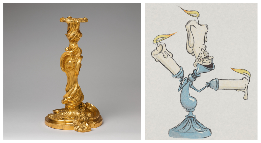 左：根据贾斯·奥里莱·梅松尼耶（Juste Aurèle Meissonnier）的设计，一对烛台中的一个，1735-50年，镀金青铜，12 1/8 × 7 3/8 × 7 3/8''. 右：凯文·利马（Kevin Lima），《美女与野兽》的设定图，1991年，纸上影印、水粉和马克笔，11 7/8 × 10''.