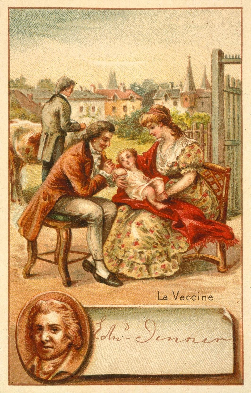 爱德华·詹纳正在给一位由母亲抱着的儿童注射疫苗，他们身后一个男人正从母牛身上提取牛痘. 作者不详，彩色平版印刷，5 1/2 x 3 1/2''. 图片：Wellcome Collection.