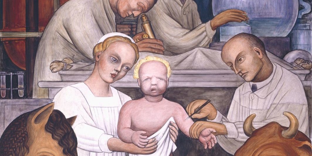 迭戈·里维拉，《疫苗接种》（局部），1932-33，湿壁画，101 1/2 × 84''. 位于壁画“底特律工业”北墙. 图片：Detroit Institute of Arts.