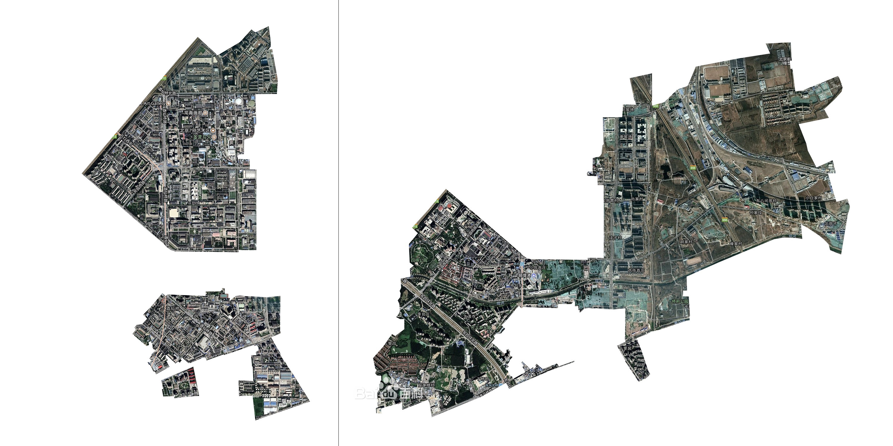 酒仙桥街道（左）和将台乡（右）的行政区划卫星图，图中可见将台乡把酒仙桥街道切成了两半.