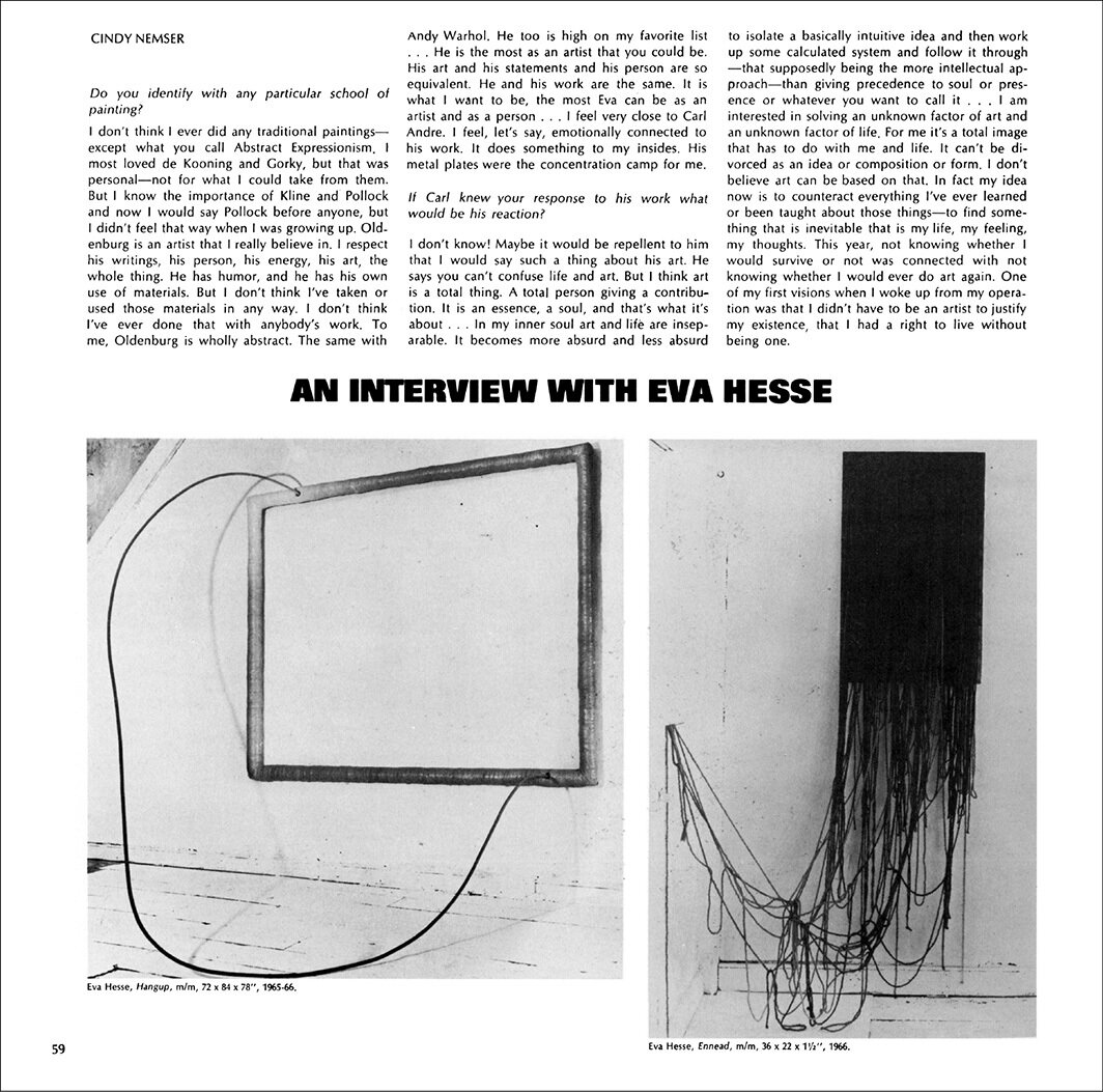 《艺术论坛》1970年五月刊内页. 辛迪·内姆瑟，《采访伊娃·海瑟》.