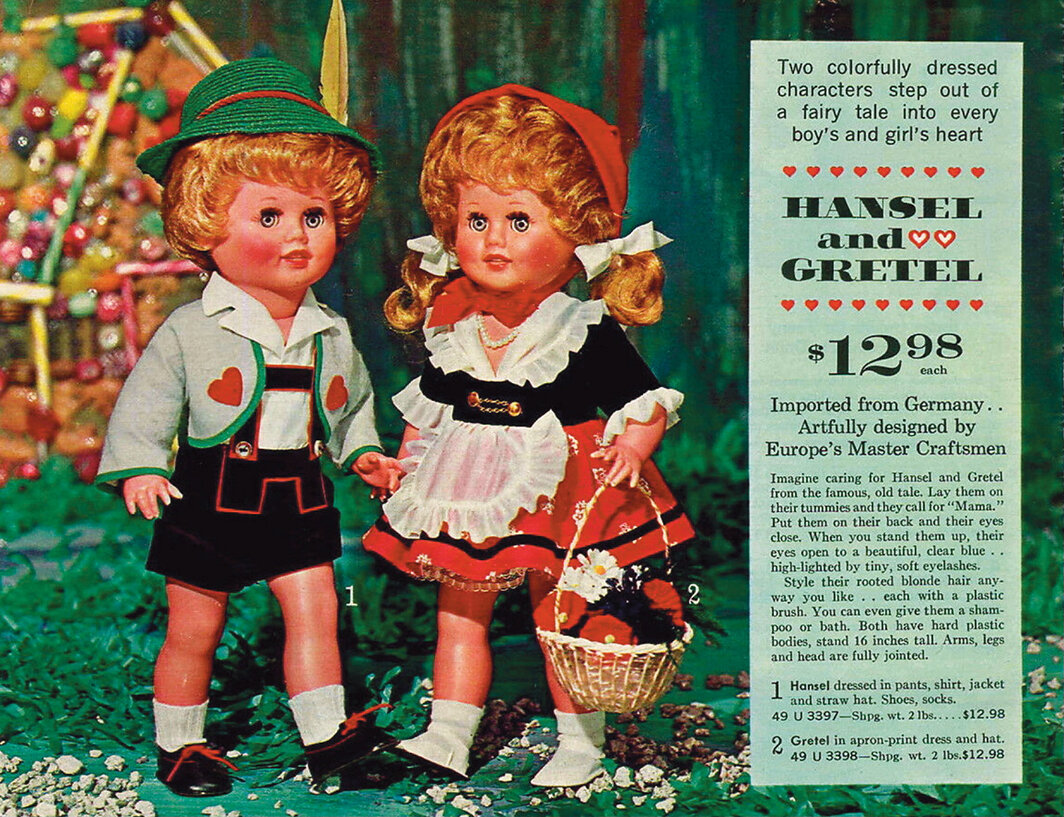 西尔斯（Sears）商品目录上的汉泽尔与格莱特玩偶，1963. 来自苏珊娜·波卡内格拉《荣誉，苏珊娜·波卡内格拉的艺术家讲座，由莉莉·泰勒主演》的幻灯片，2022.