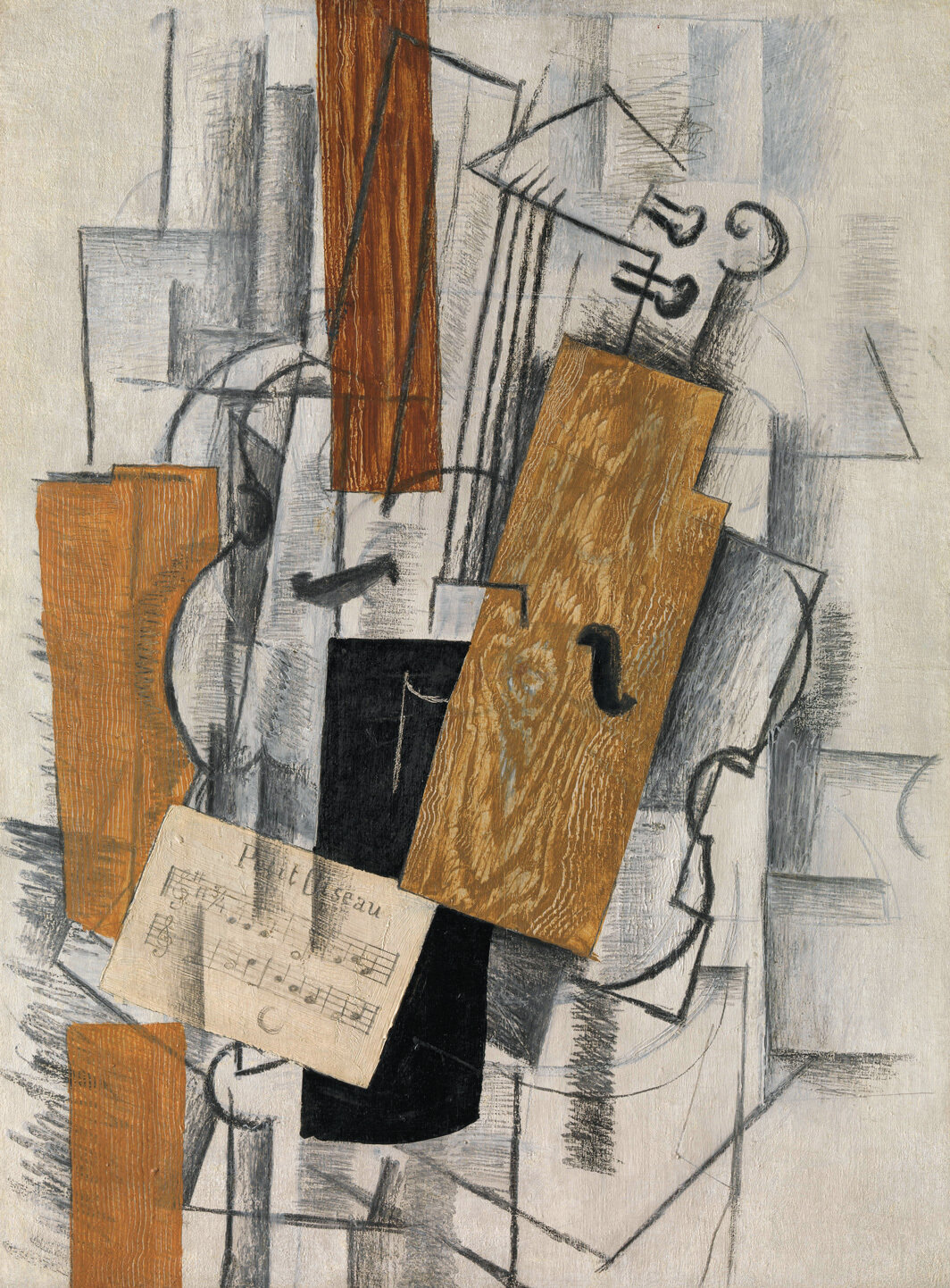 乔治·布拉克，《小提琴与乐谱：“小鸟”》，1913，布面油画及炭笔，28 × 201⁄2". 