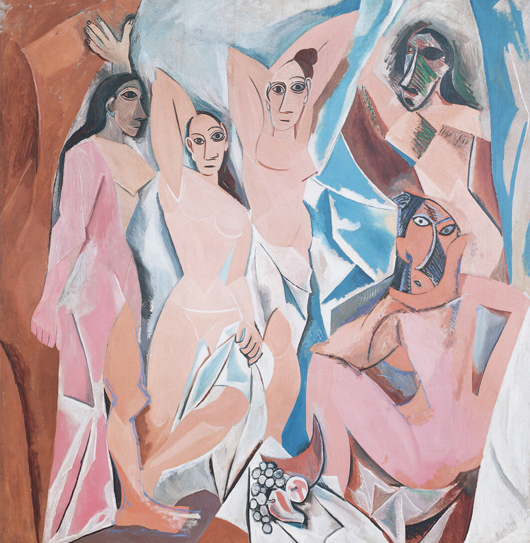 巴勃罗·毕加索，《亚维农的少女》，1907，布面油画，96 × 92". © Estate of Pablo Picasso/Artists Rights Society (ARS), New York.