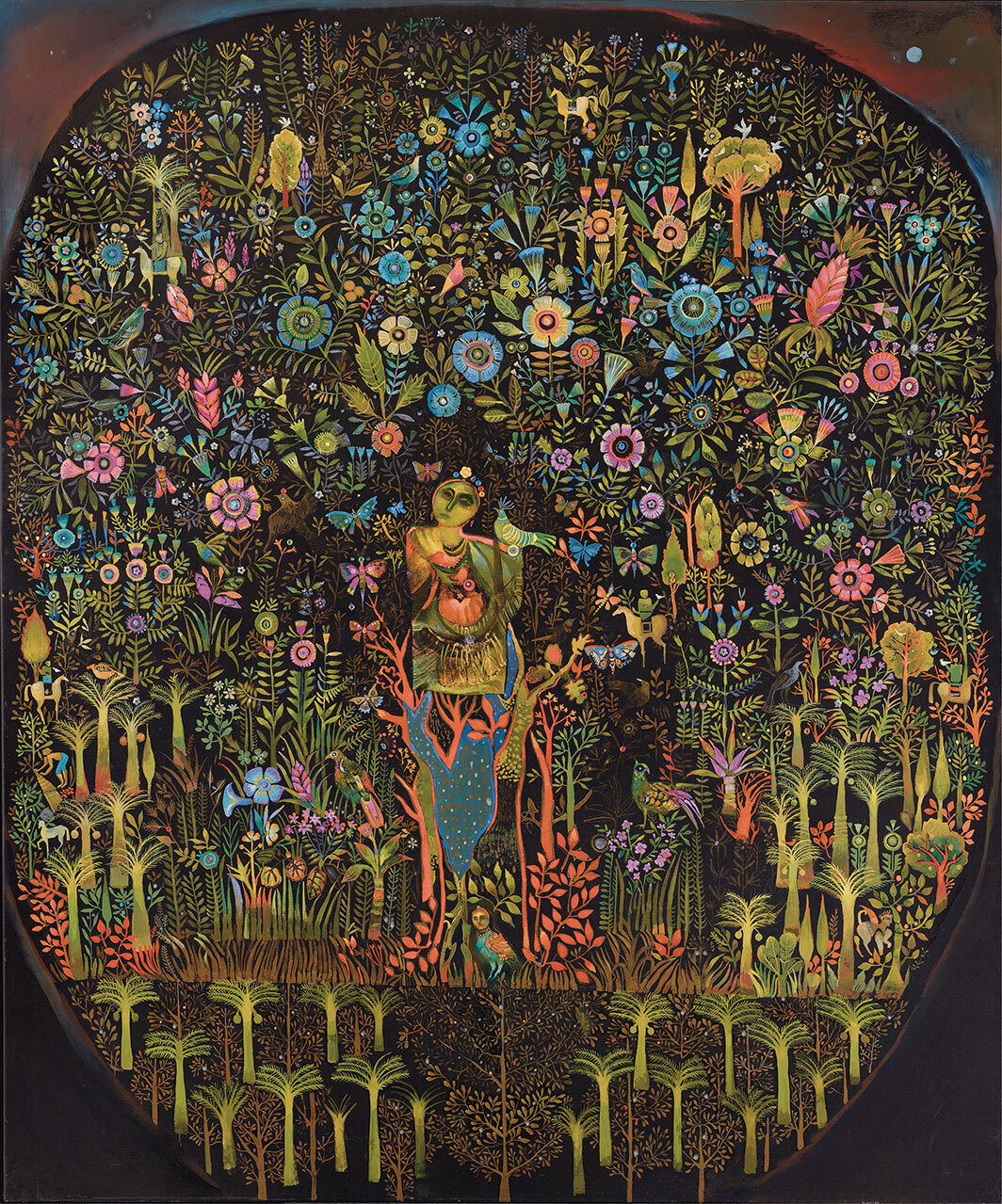 苏亚德·阿尔-阿塔尔，《魔法树之灵》，2008，布面油画和混合媒介，707⁄8 × 59".