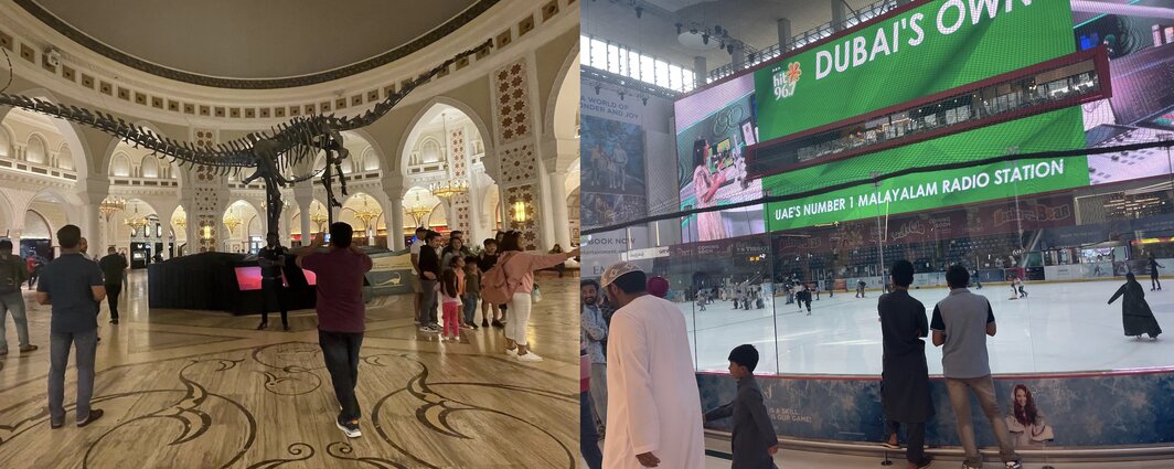 迪拜商厦（Dubai Mall）中的恐龙骨架和室内滑冰场.