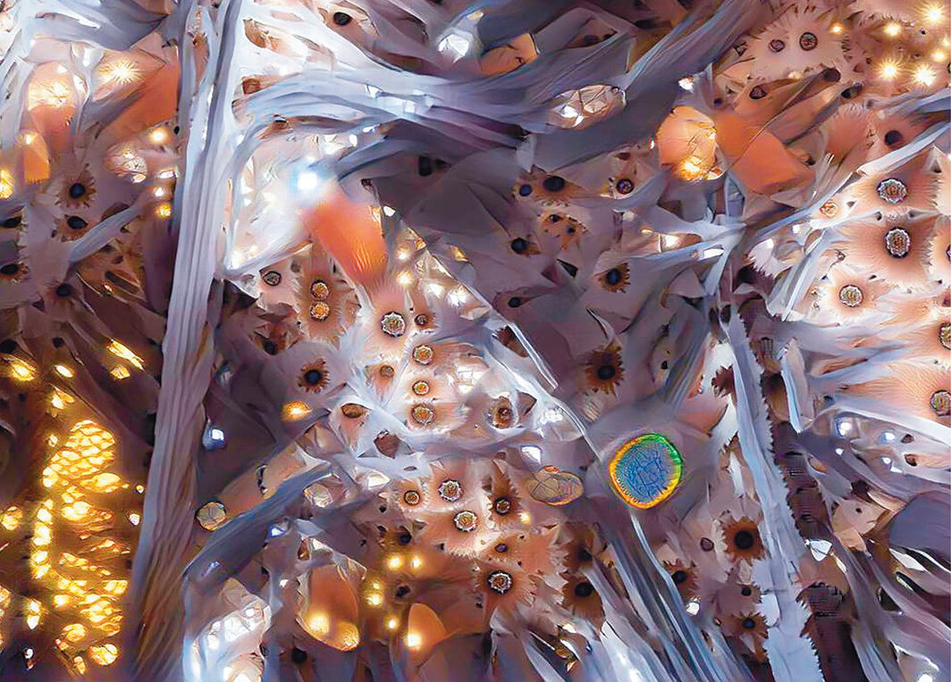 丹尼尔·博罗扬/非标准工作室（Daniel Bolojan/Nonstandardstudio）的《机器认知：高迪+神经网络》（2021）里的视觉化图像.