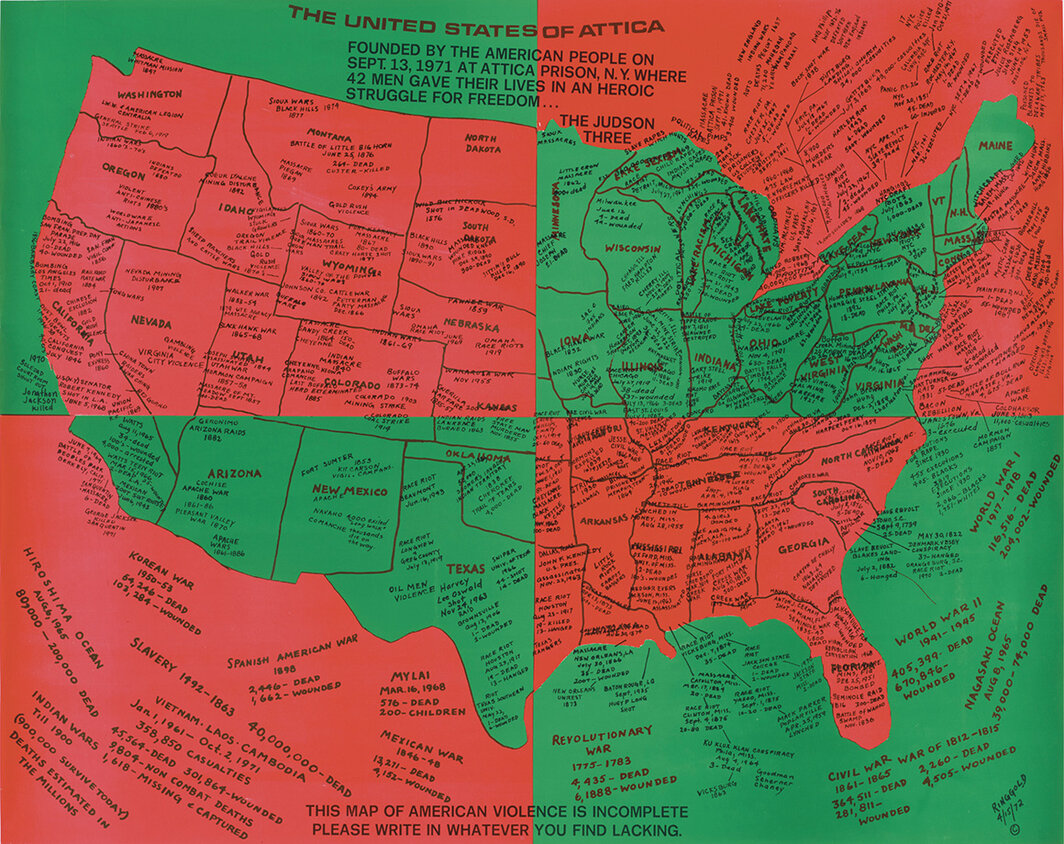 费思·林格尔德（Faith Ringgold），《阿提卡合众国》（The United States of Attica），1972，胶版印刷，215⁄8 × 273⁄8″. © Faith Ringgold/Artists Rights Society (ARS), New York, Courtesy ACA Galleries, New York.