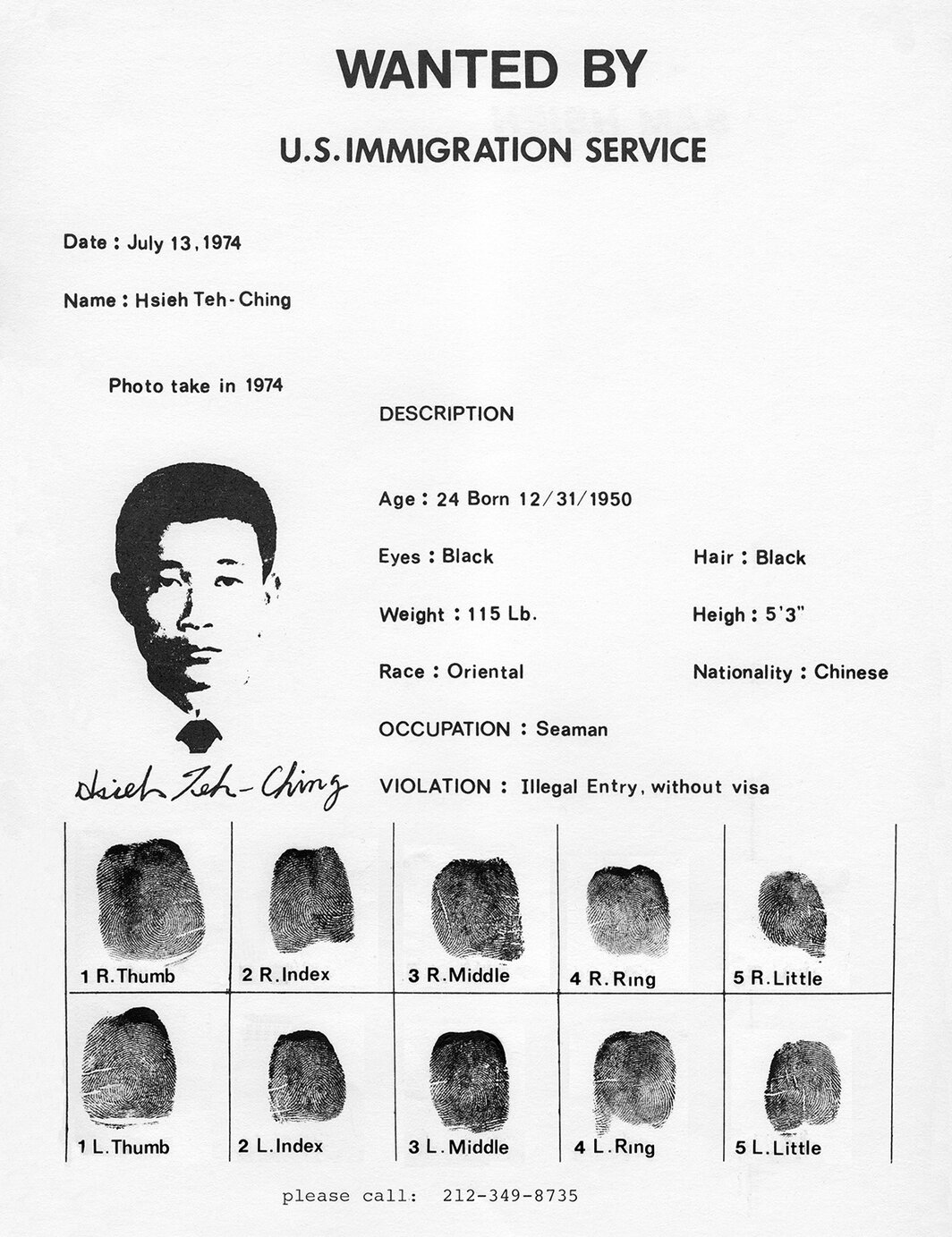 谢德庆，《美国移民署通缉》，1978，打印纸，11 × 8 1⁄2″.